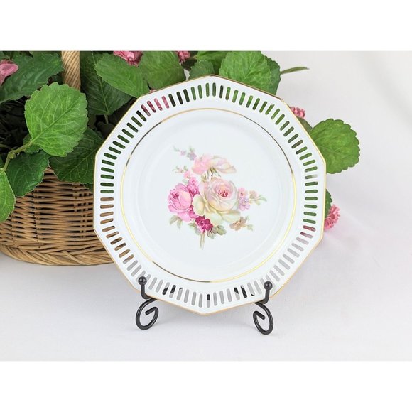 Vtg 1950s Porcelain Vanity Dish Octagon Gold Trim Lattice Reticulated Border - Picture 8 of 9